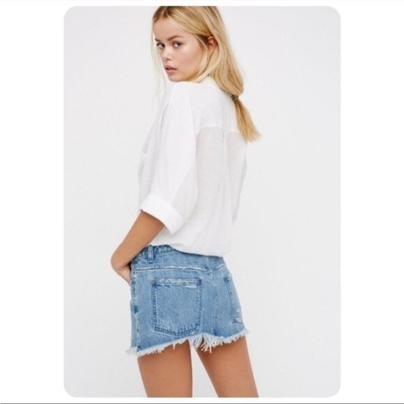 Free People Cute To Boot Distressed Mini Denim Skirt 2 NWOT - Picture 2 of 12